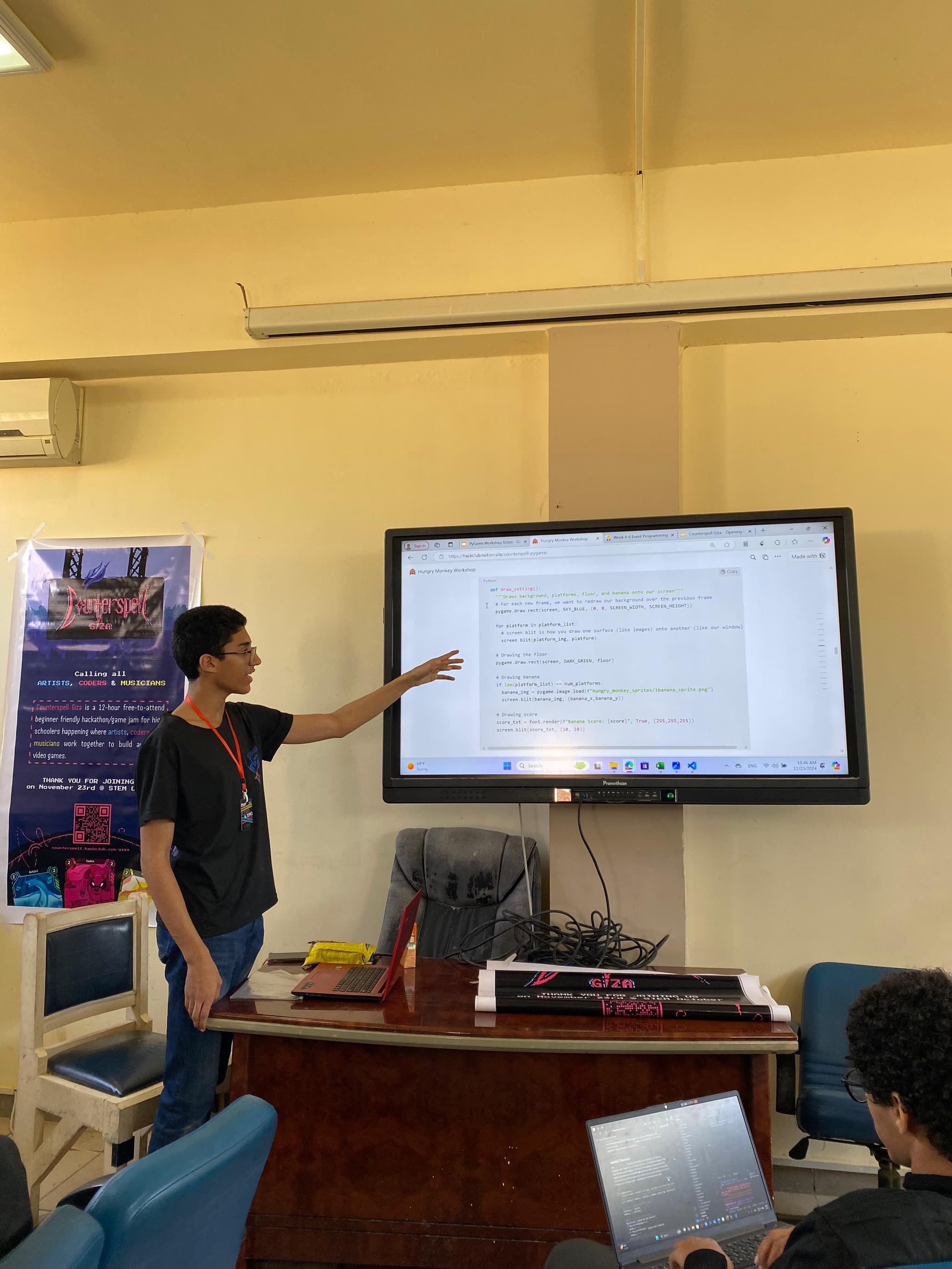 A quick snippet from the Pygame workshop with Kareem in action.